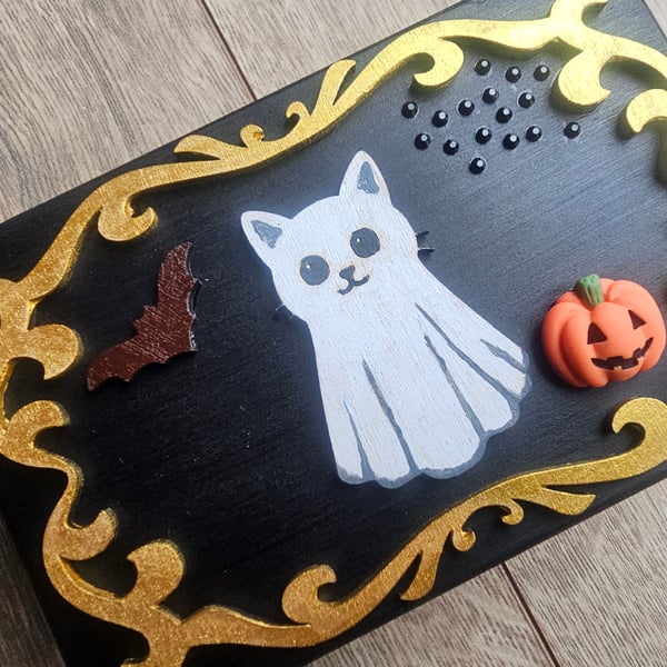 Ghost cat halloween scene handmade jewellery or trinket box
