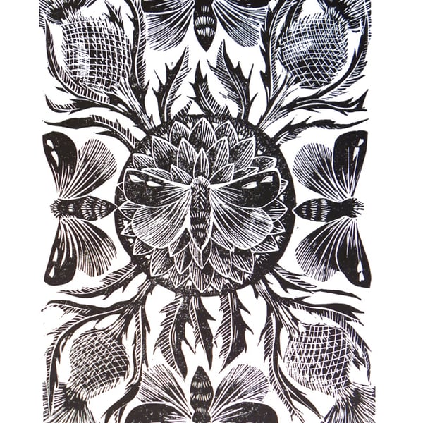  Moths and Thistles Original Lino Cut Print 