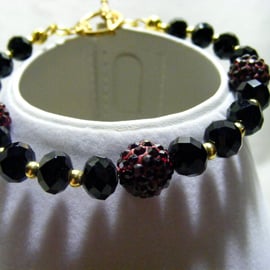 Dark Red Pave Beads and Black Crystal Bracelet