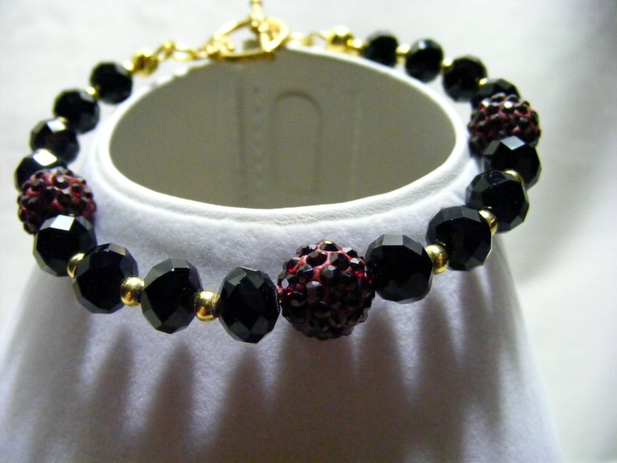 Dark Red Pave Beads and Black Crystal Bracelet