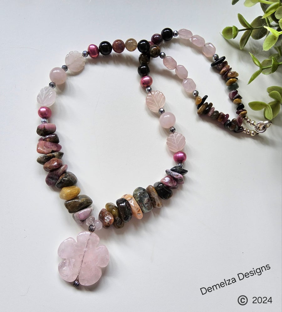 Designer Tourmaline, Rose Quartz, Freshwater Pearl, & Heamotite Necklace 