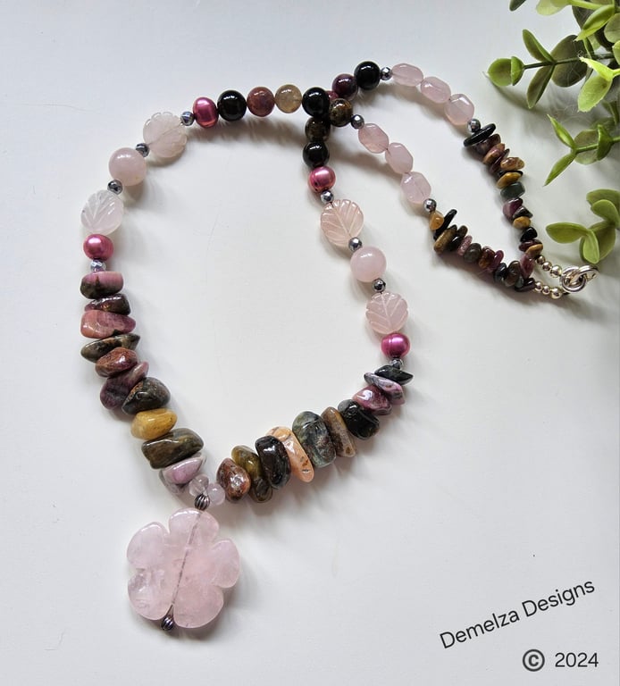 Designer Tourmaline, Rose Quartz, Freshwater Pearl, & Heamotite Necklace 