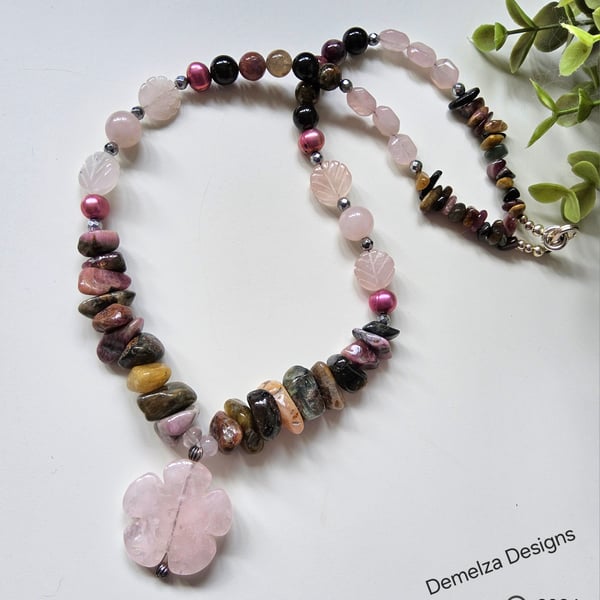Tourmaline, Rose Quartz, Freshwater Pearl, & Heamotite Necklace 