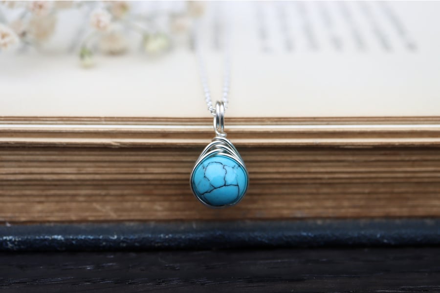 Turquoise Necklace Wire Wrapped in Sterling Silver