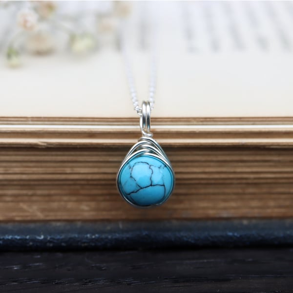 Turquoise Necklace Wire Wrapped in Sterling Silver