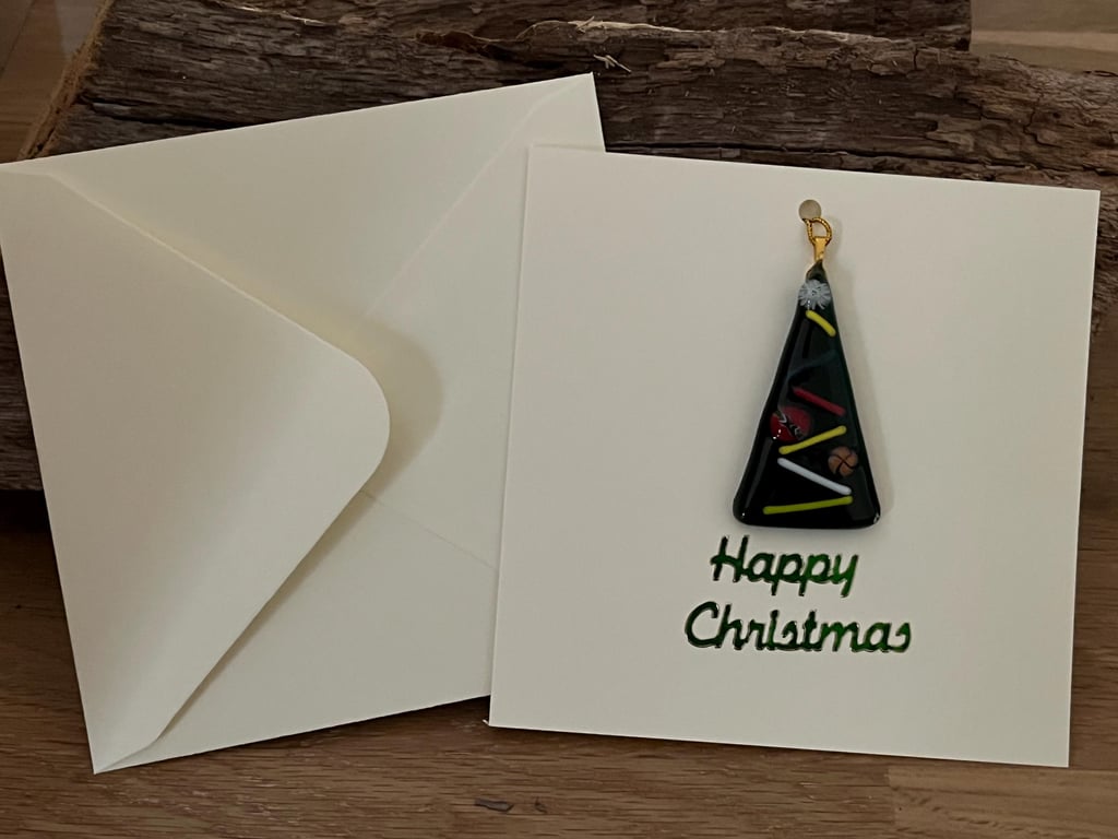 Unique Handcrafted Christmas Card with Artisan Fused Glass Tree Keepsake
