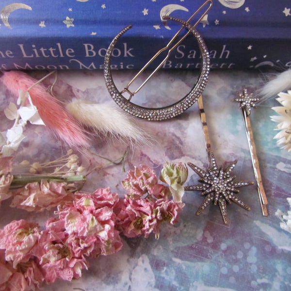 Celestial Moon and Stars Hair Slide Set