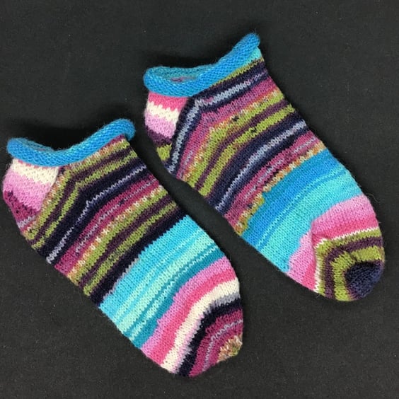 Hand knit short no rib no show socks multicoloured 