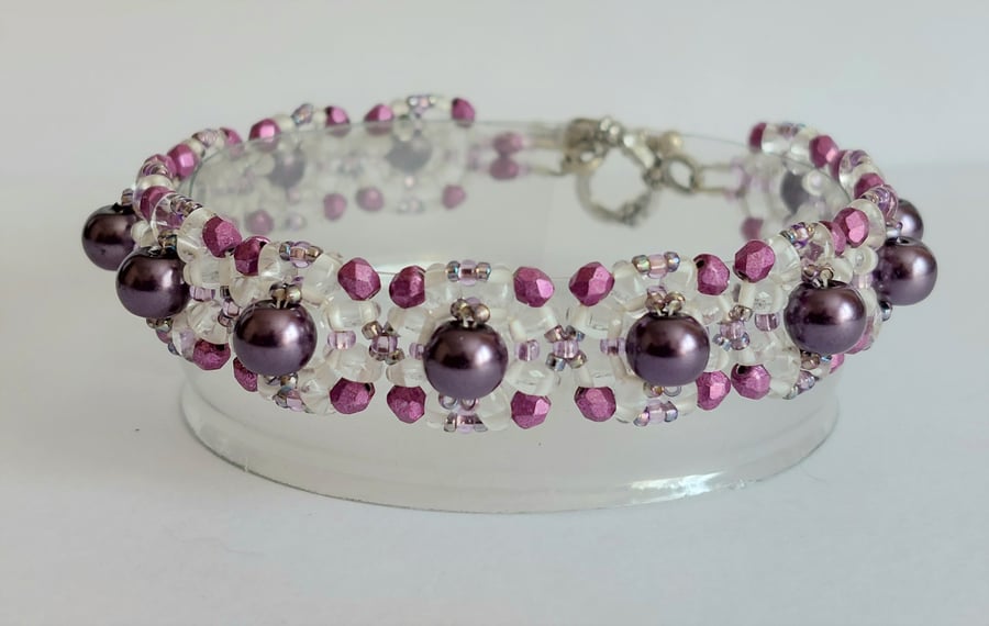 Square Panel bracelet with pearl centre -purple colourway