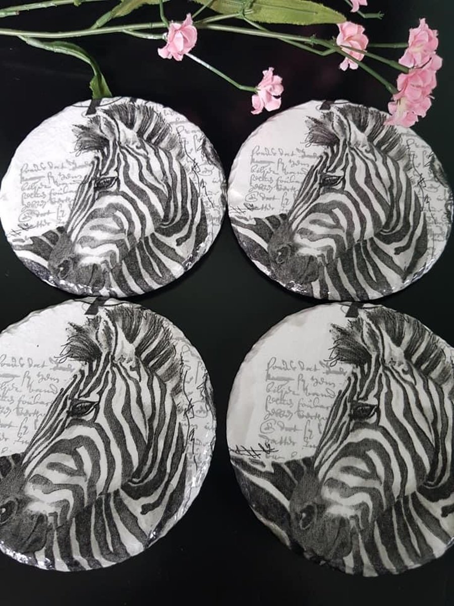 4 Decoupage zebra coasters