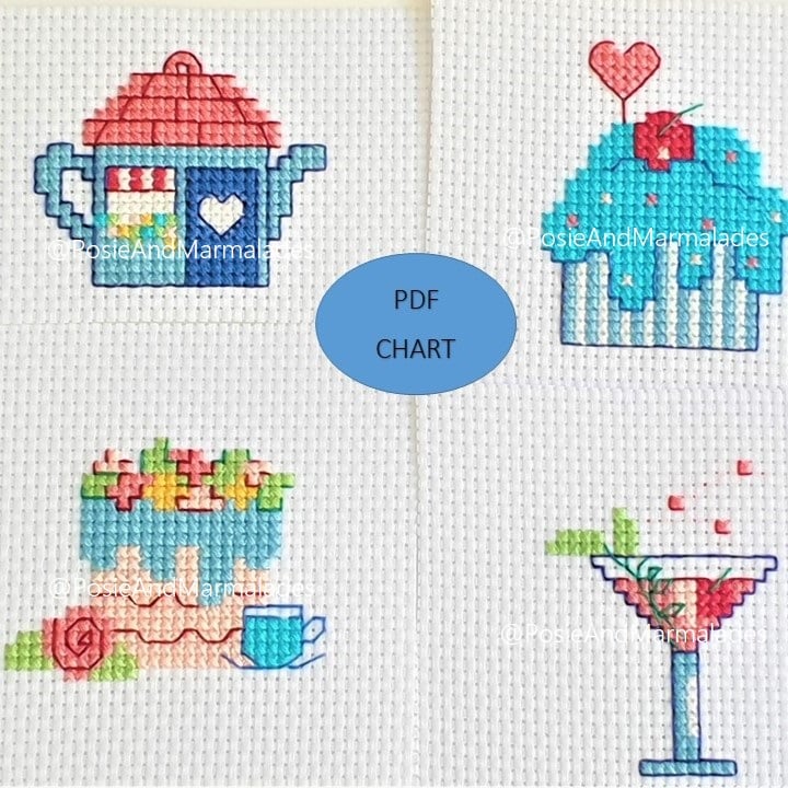 Cute Cake & Cocktail Mini cross stitch Designs set of 4 (PDF) charts