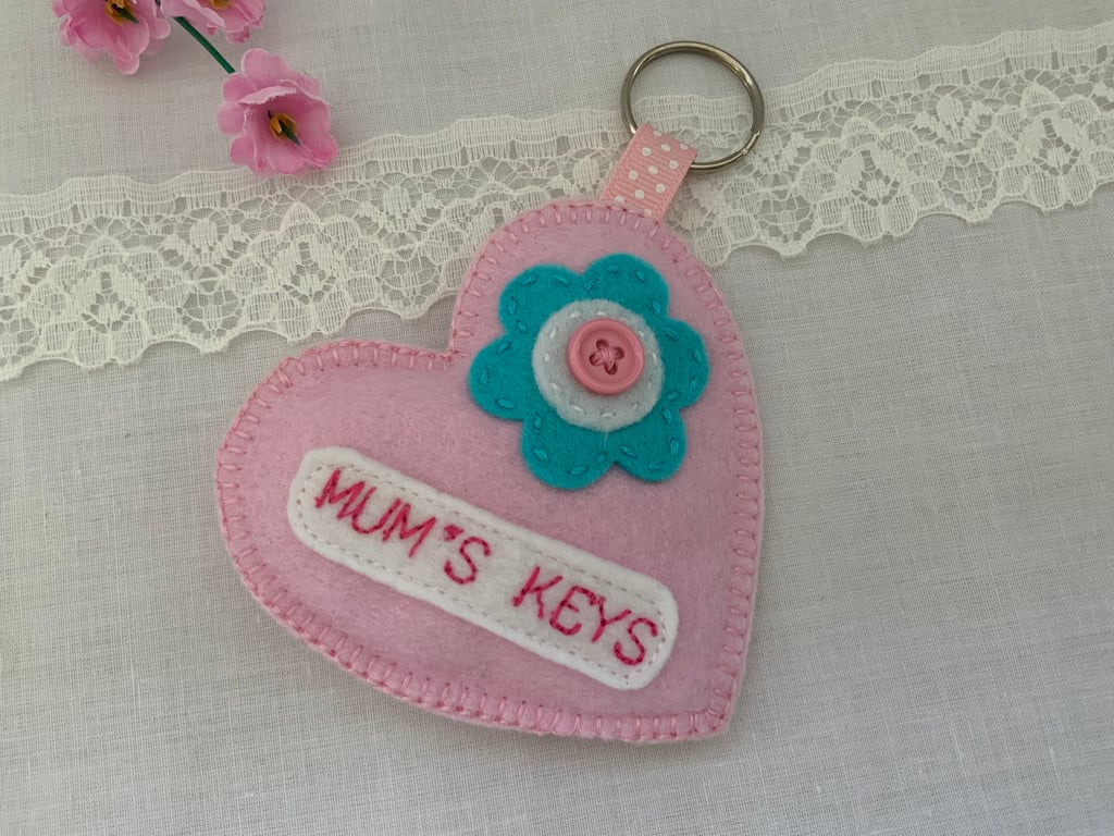 Personalised Felt Heart Keyrings, Handmade Mothers Day Gift, Mum Keyring