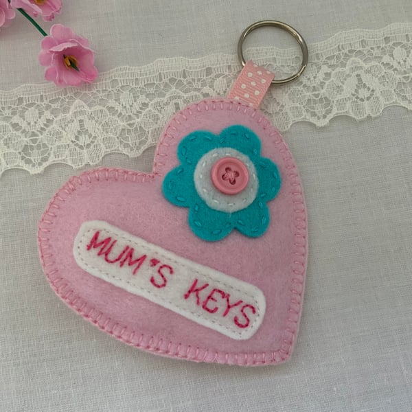 Personalised Felt Heart Keyrings, Handmade Mothers Day Gift, Mum Keyring