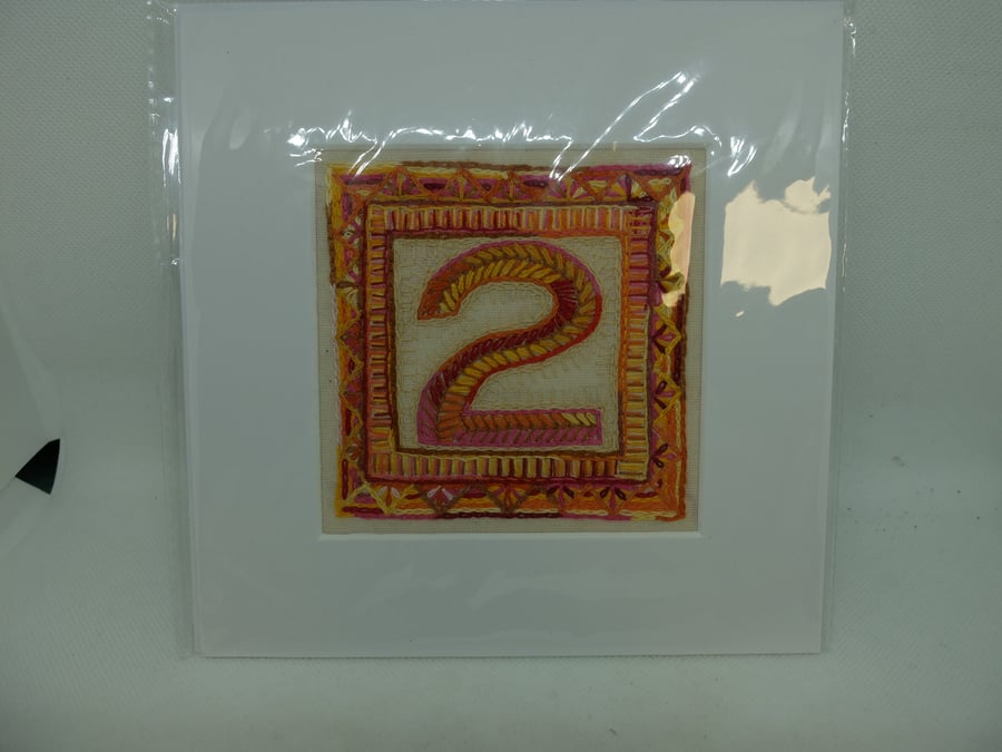 hand embroidered numeral card 2 Two