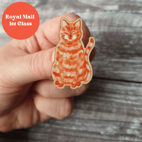 Ginger Cat Wooden Pin Brooch