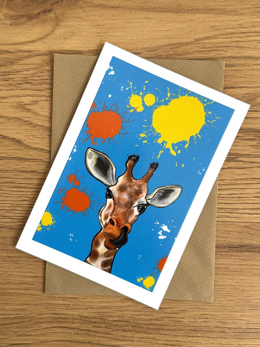 Giraffe blank greeting card - Original illustration. Hand drawn.
