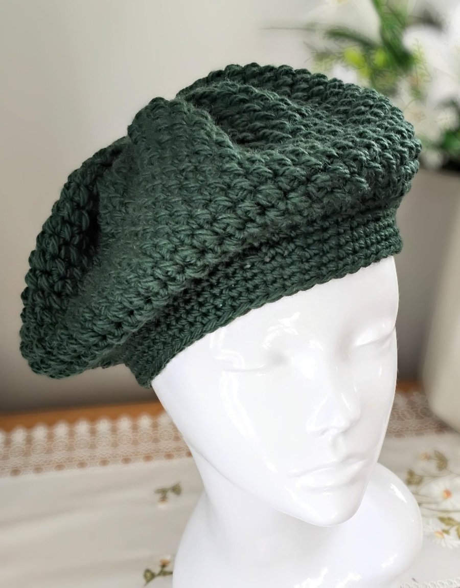 Image of Forest Green Slouchy Boho Crochet Woollen Beret