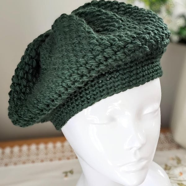 Forest Green Slouchy Boho Crochet Woollen Beret