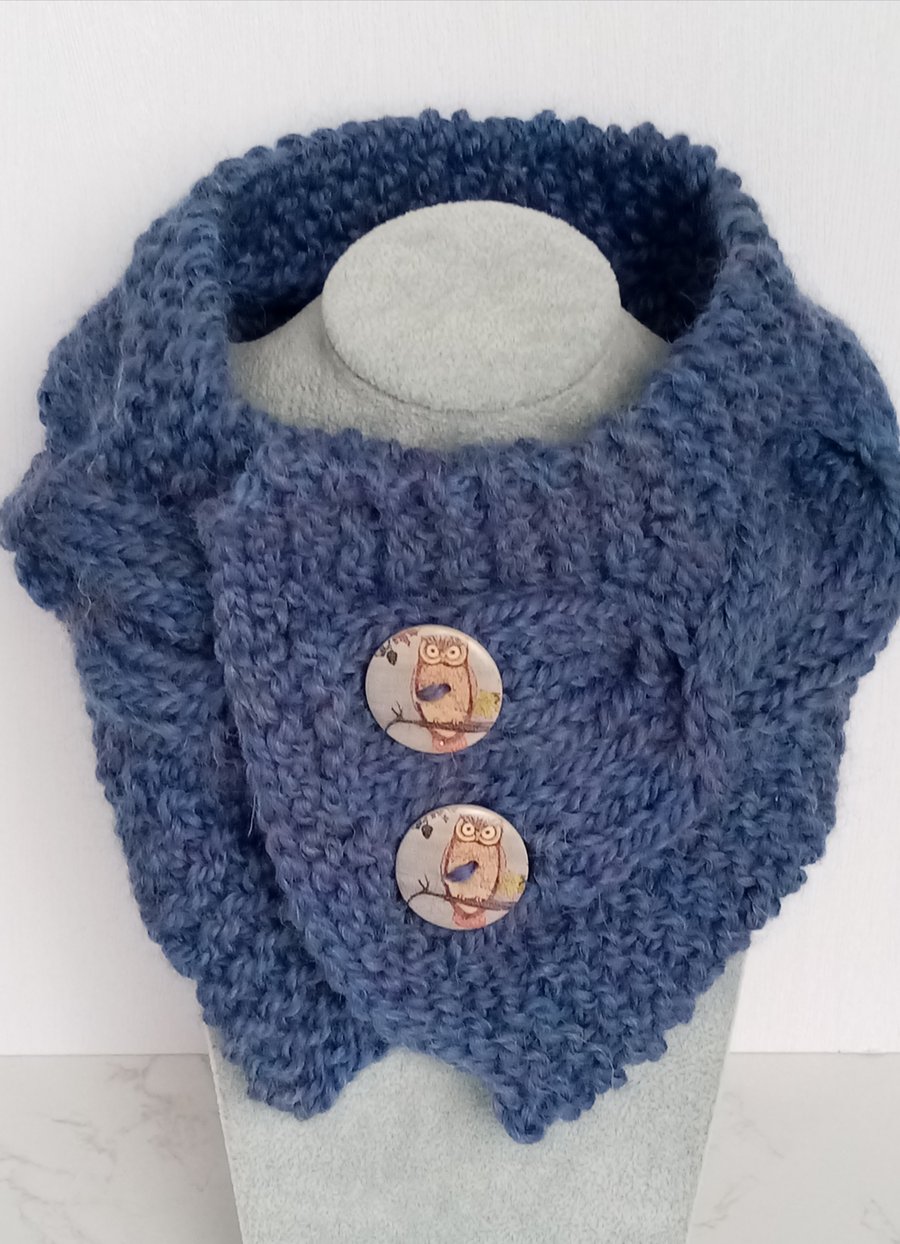 Cable Knit Neck Warmer in Blue 100% Pure Wool, Owl Buttons, Blue Scarf 