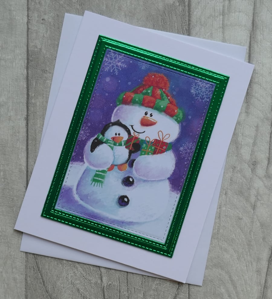 Cute Snowman and Penguin - Christmas Card
