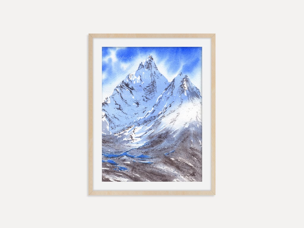 Watercolor Snowy Landscape Poster, Winter Mountain Painting, Wilderness Artwork