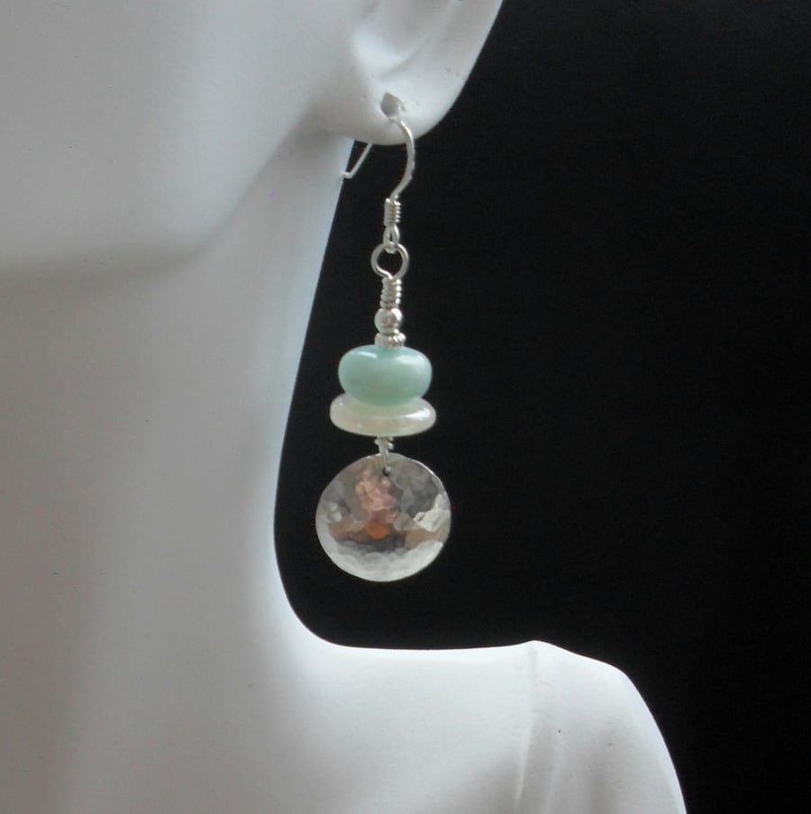 Sterling Silver Disc Earrings With Amazonite and Chalcedony  Drop Earrings
