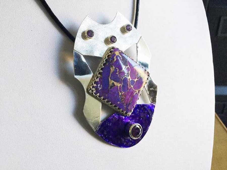 Sterling 925 Silver Purple Copper Mojave Turquoise Pendant Statement Necklace