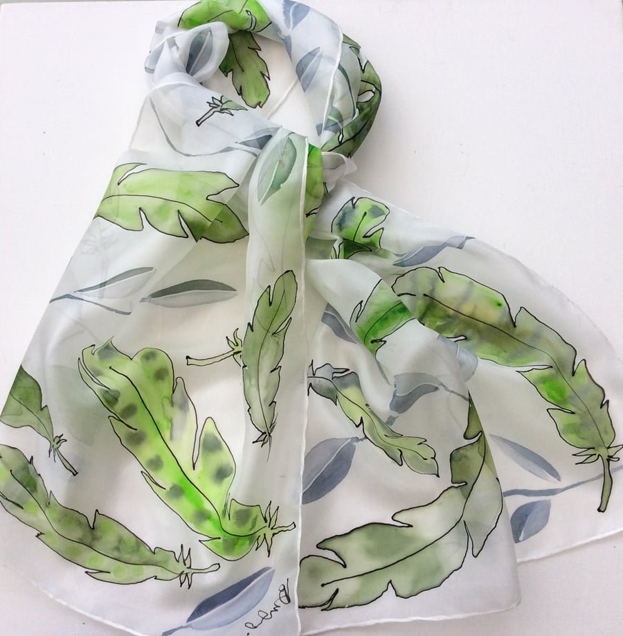 Green Feathers hand painted silk scarf