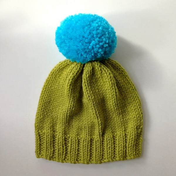 Bobble Hat in Lime Green Chunky Yarn with Blue Pom Pom