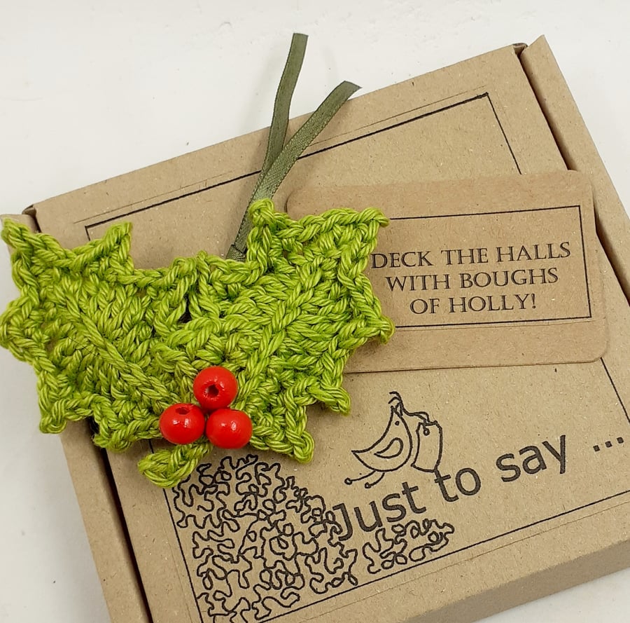 Crochet Holly Brooch on a Gift Tag