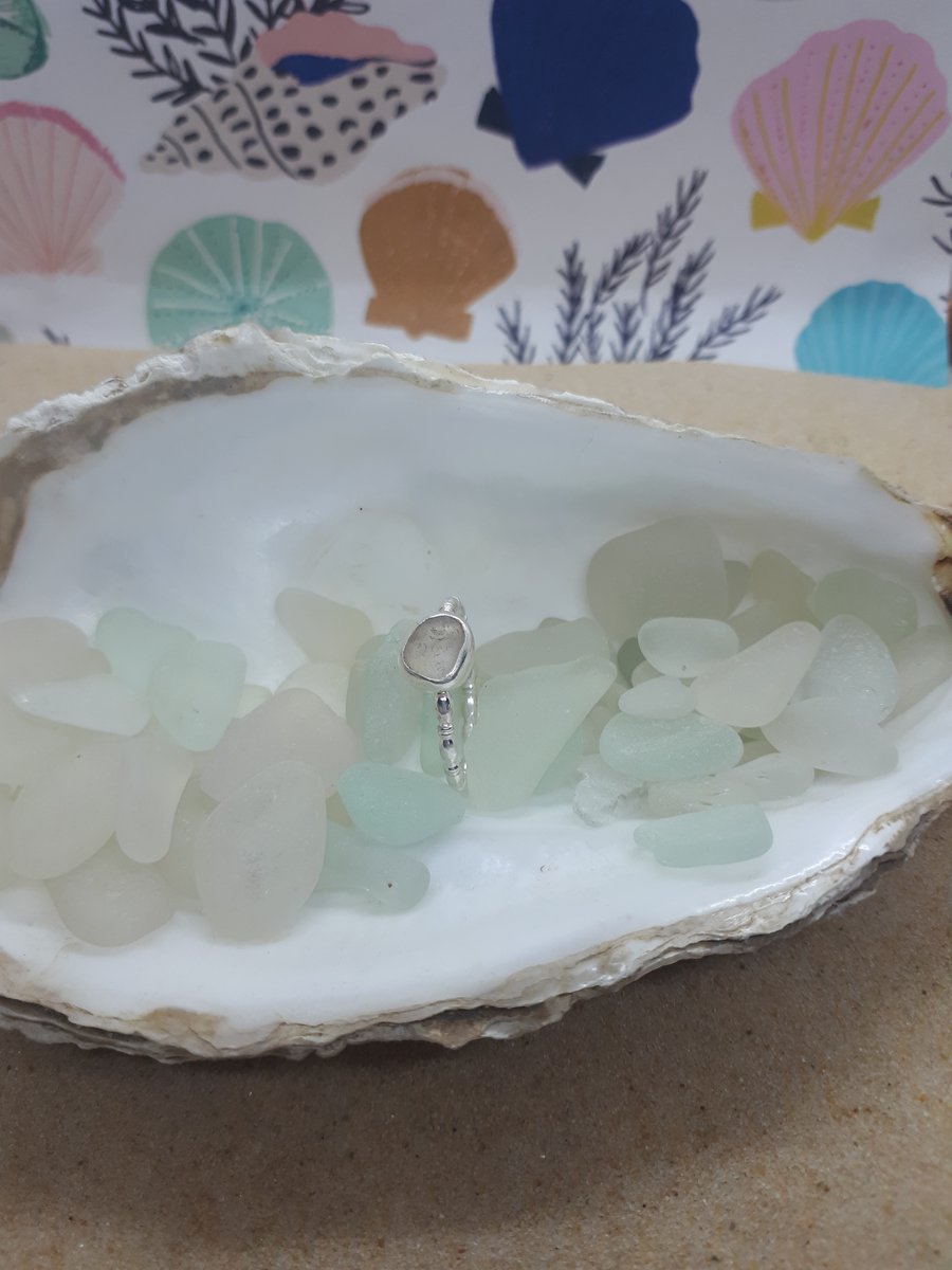 Seconds Sunday Beige grey sea glass ring 