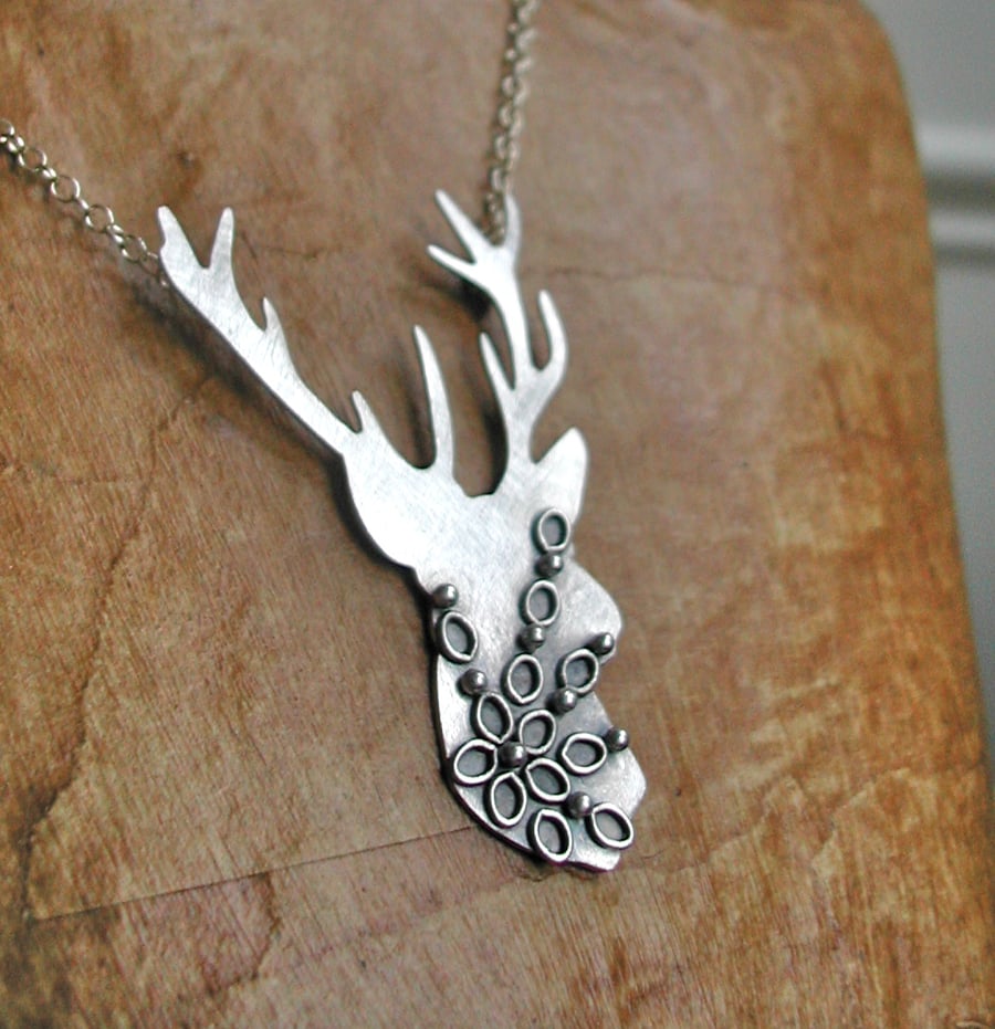 Sterling Silver Patterned Stag Necklace