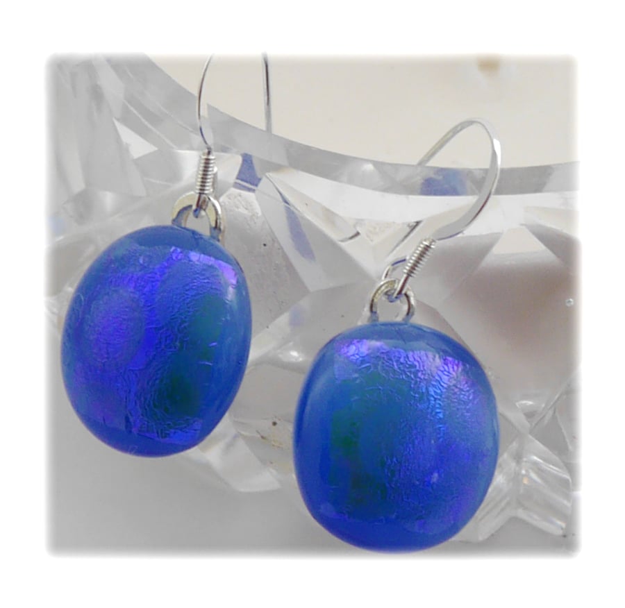 Handmade Fused Dichroic Glass Earrings 188 Blue Green shimmer