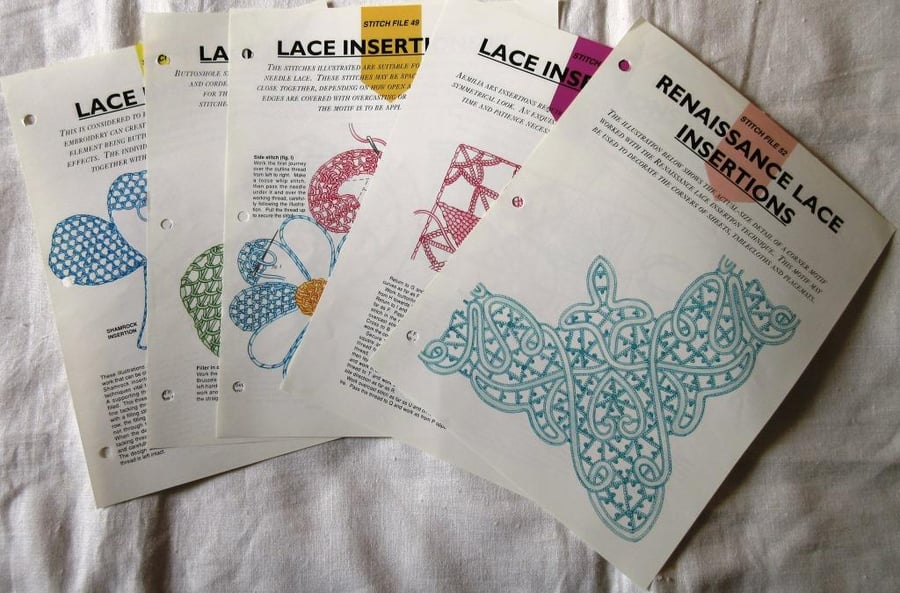 Five embroidery leaflets explaining the technique of lace insertion