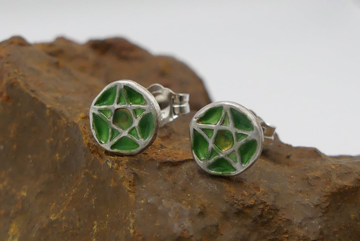 Recycled Sterling Silver Pentacle Stud Earrings with a Green Patina.