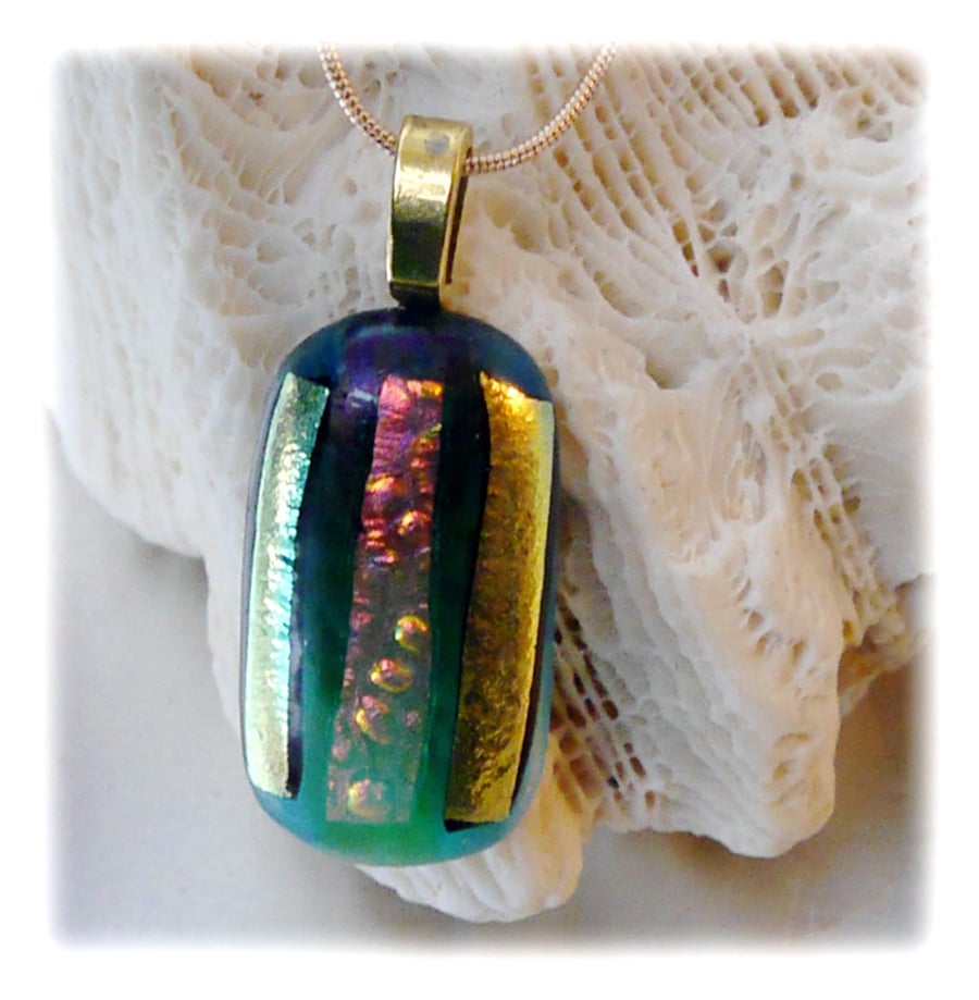 Dichroic Glass Pendant 088 Emerald Gold Stripe Handmade with gold plated chain