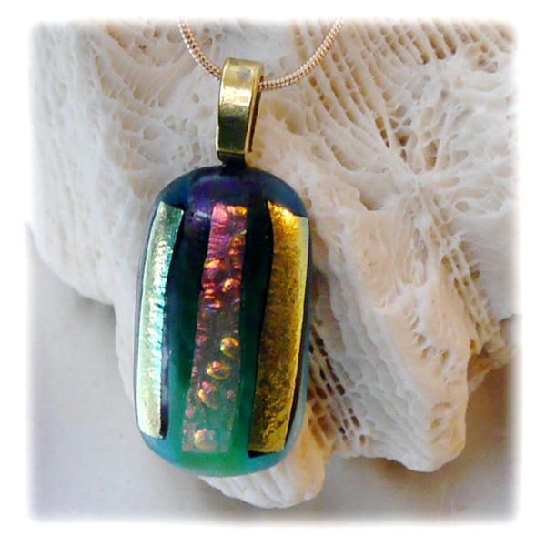 Dichroic Glass Pendant 088 Emerald Gold Stripe Handmade with gold plated chain