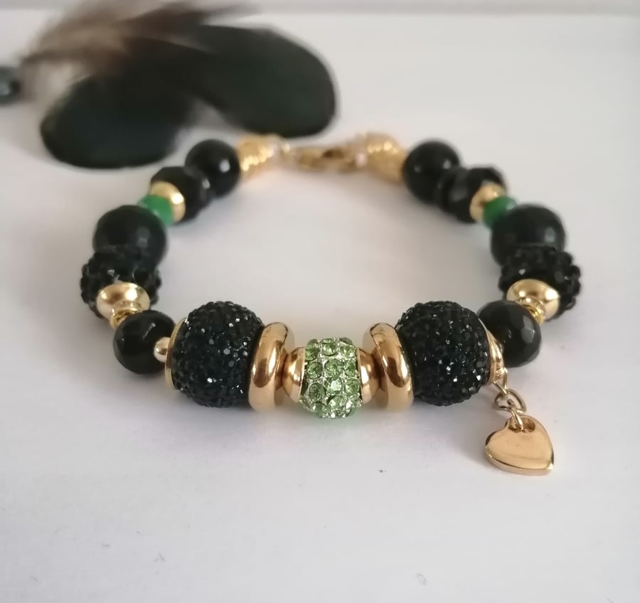Gold, green & black beaded bracelet, heart charm, 