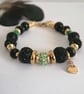 Gold, green & black beaded bracelet, heart charm,  - Image 1
