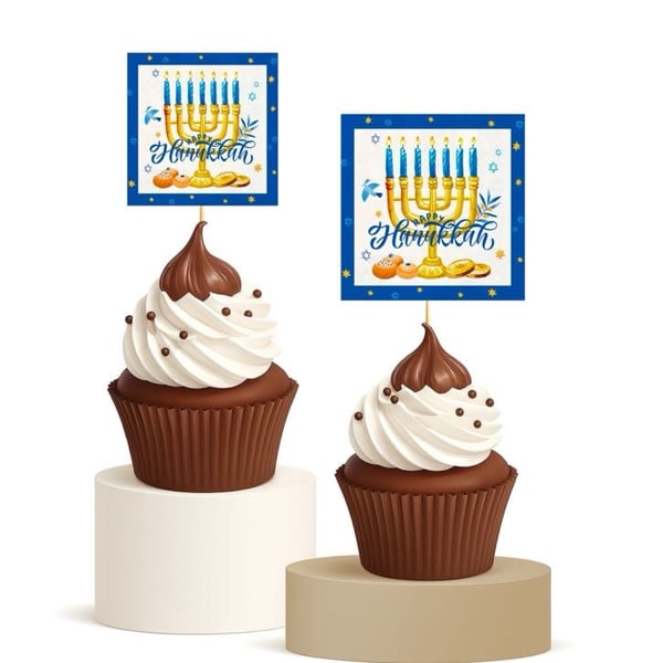 Hanukkah Cupcake Toppers 15pk Menorah Blue Gold Chanukah Decor