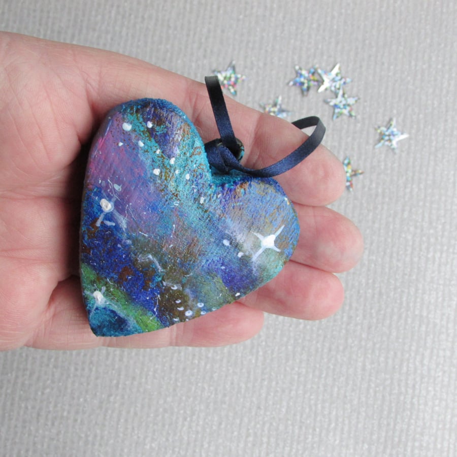 Hanging Heart, Galaxy wooden heart, Space and Stars