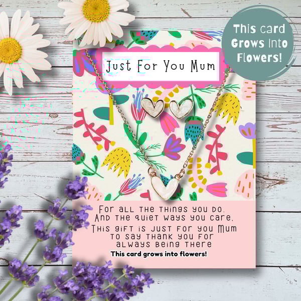 Mother's Day White Enamel Heart Necklace & Earring Set With Plantable Card