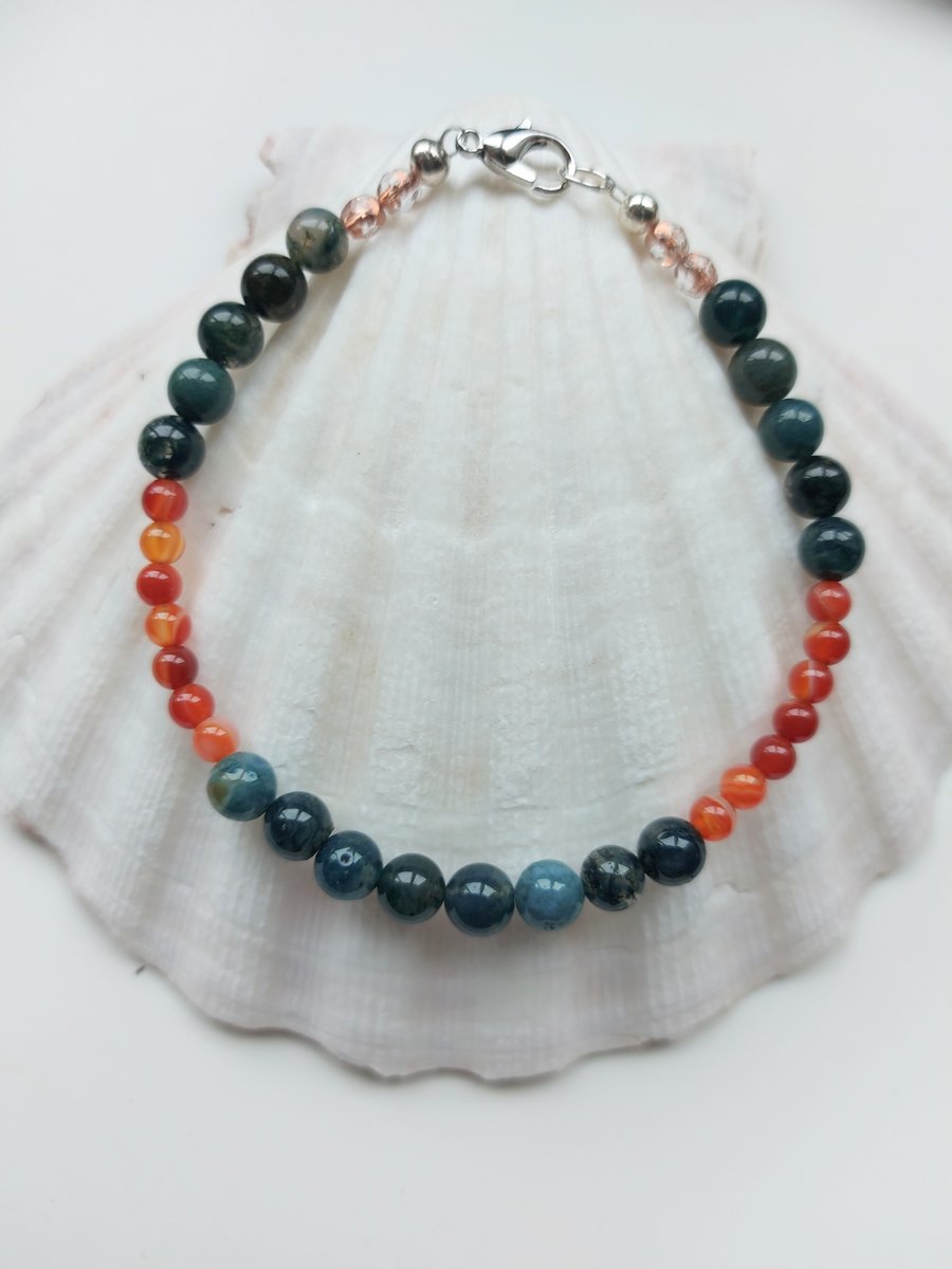 Green and orange gemstone bracelet with Moss Agate and Carnelian