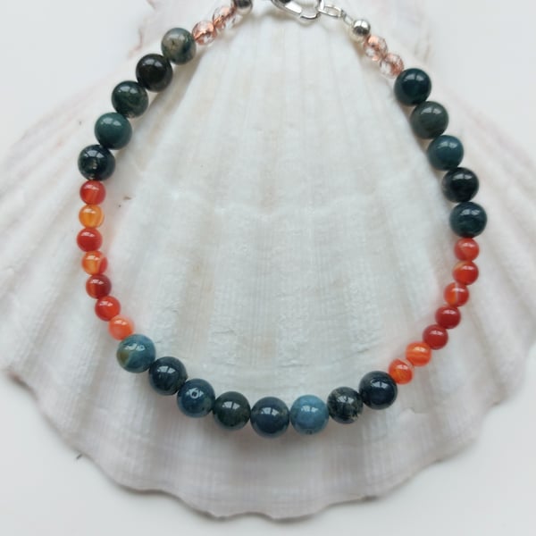 Green and orange gemstone bracelet with Moss Agate and Carnelian