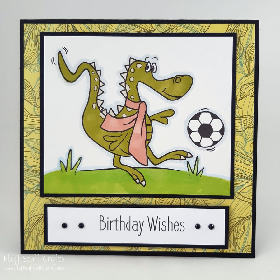 Handmade child's birthday card - footballing dinosaur or dragon