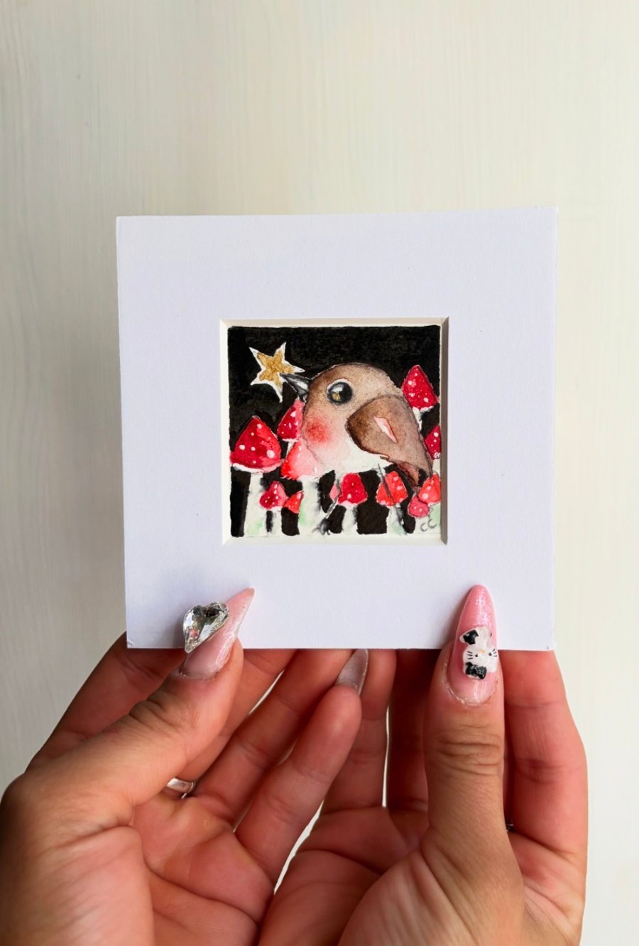 ACEO Original Little Bird Robin with Star and Mushrooms Watercolour 