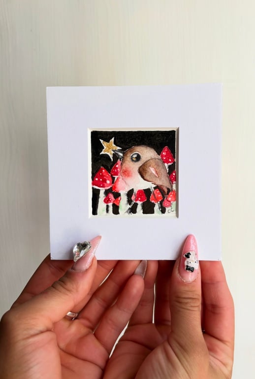 ACEO Original Little Bird Robin with Star and Mushrooms Watercolour 