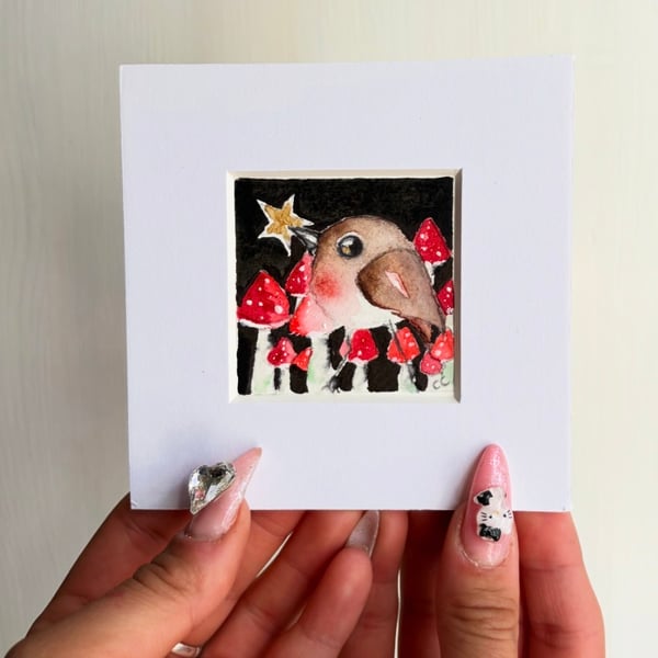 ACEO Original Little Bird Robin with Star and Mushrooms Watercolour 