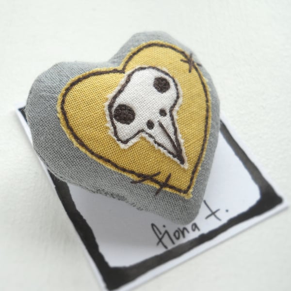 freehand embroidered chicken skull heart textile brooch yellow