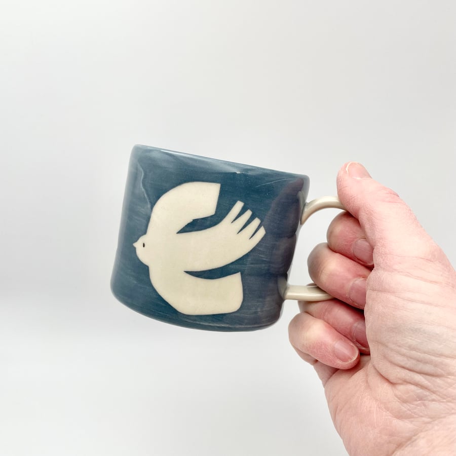 Handmade Mug Tea Coffee Dark Blue White Birds Birthday Thank You Pottery Gift